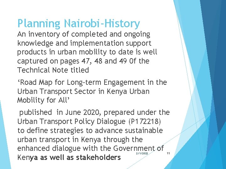Planning Nairobi-History An inventory of completed and ongoing knowledge and implementation support products in