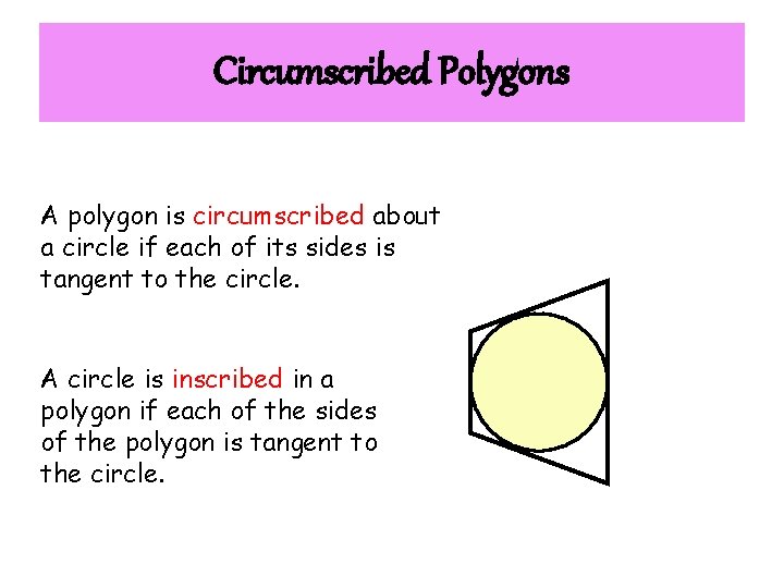 Circumscribed Polygons A polygon is circumscribed about a circle if each of its sides