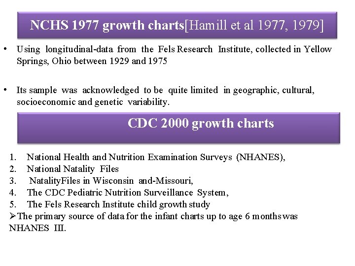 NCHS 1977 growth charts[Hamill et al 1977, 1979] • Using longitudinal-data from the Fels