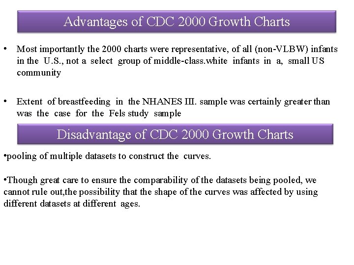 Advantages of CDC 2000 Growth Charts • Most importantly the 2000 charts were representative,