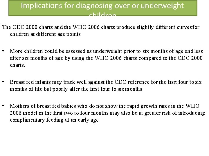 Implications for diagnosing over or underweight children The CDC 2000 charts and the WHO