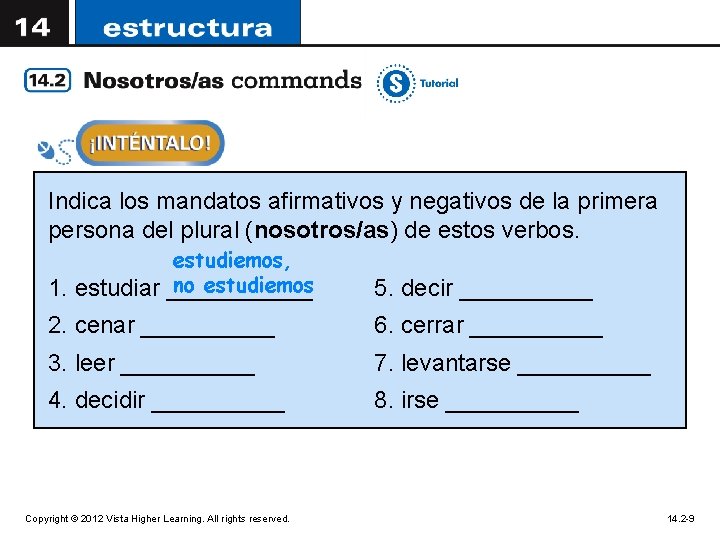 Indica los mandatos afirmativos y negativos de la primera persona del plural (nosotros/as) de