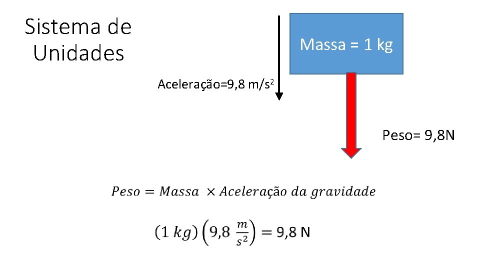 Sistema de Unidades Massa = 1 kg Aceleração=9, 8 m/s 2 Peso= 9, 8