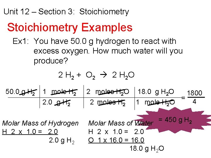 Unit 12 – Section 3: Stoichiometry Examples Ex 1: You have 50. 0 g