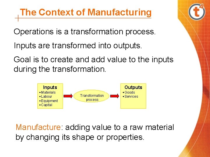 The Context of Manufacturing Operations is a transformation process. Inputs are transformed into outputs.