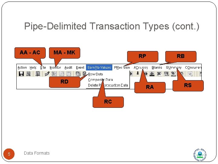 Pipe-Delimited Transaction Types (cont. ) AA - AC MA - MK RP RD RA