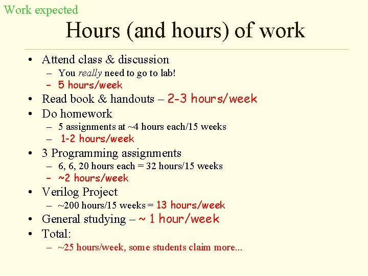 Work expected Hours (and hours) of work • Attend class & discussion – You