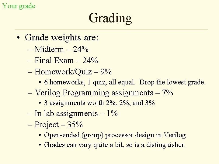 Your grade Grading • Grade weights are: – Midterm – 24% – Final Exam