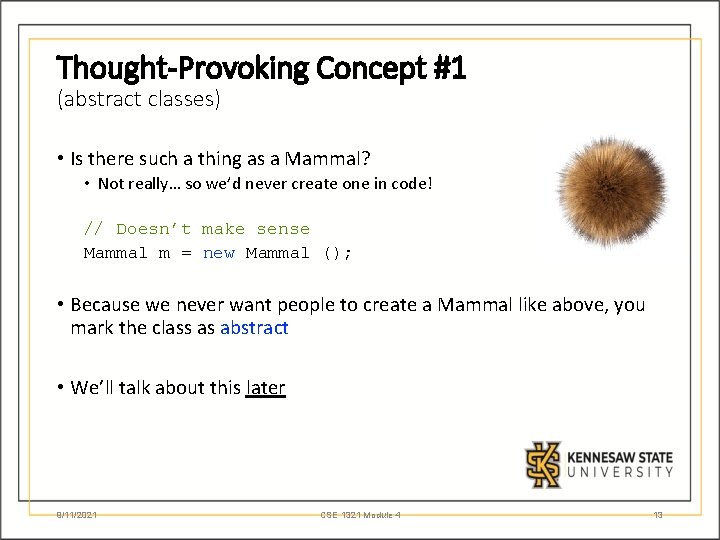Thought-Provoking Concept #1 (abstract classes) • Is there such a thing as a Mammal?
