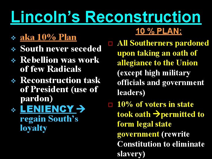 Lincoln’s Reconstruction v v v aka 10% Plan South never seceded Rebellion was work