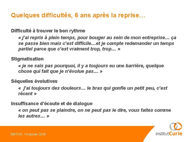 Quelques difficultés, 6 ans après la reprise… Difficulté à trouver le bon rythme «