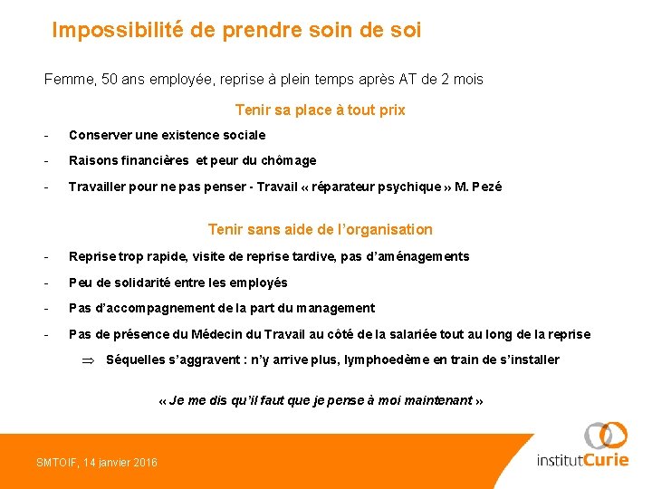 Impossibilité de prendre soin de soi Femme, 50 ans employée, reprise à plein temps