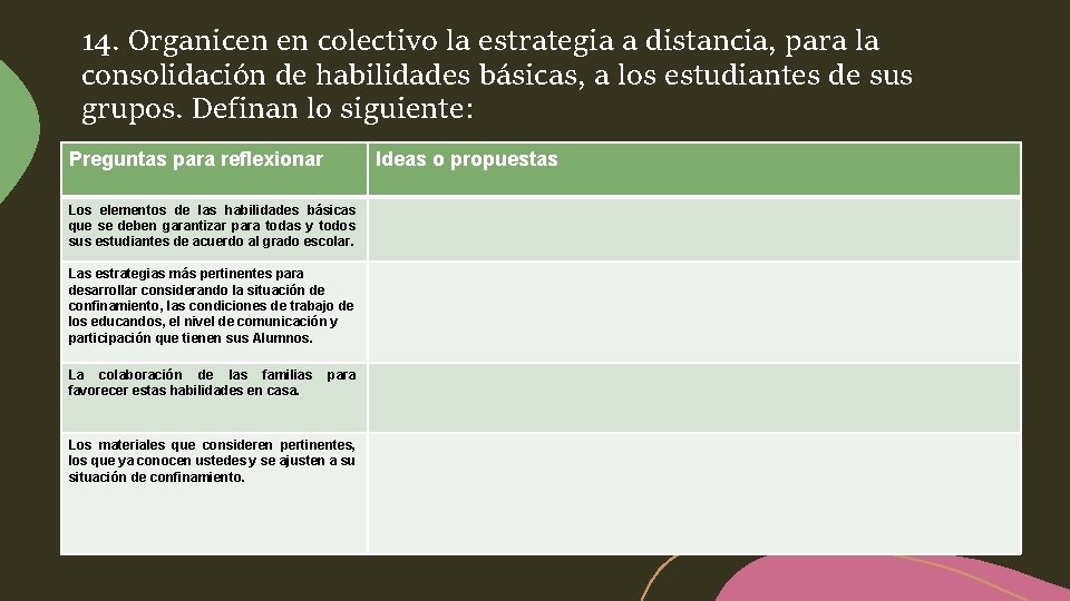 14. Organicen en colectivo la estrategia a distancia, para la consolidación de habilidades básicas,