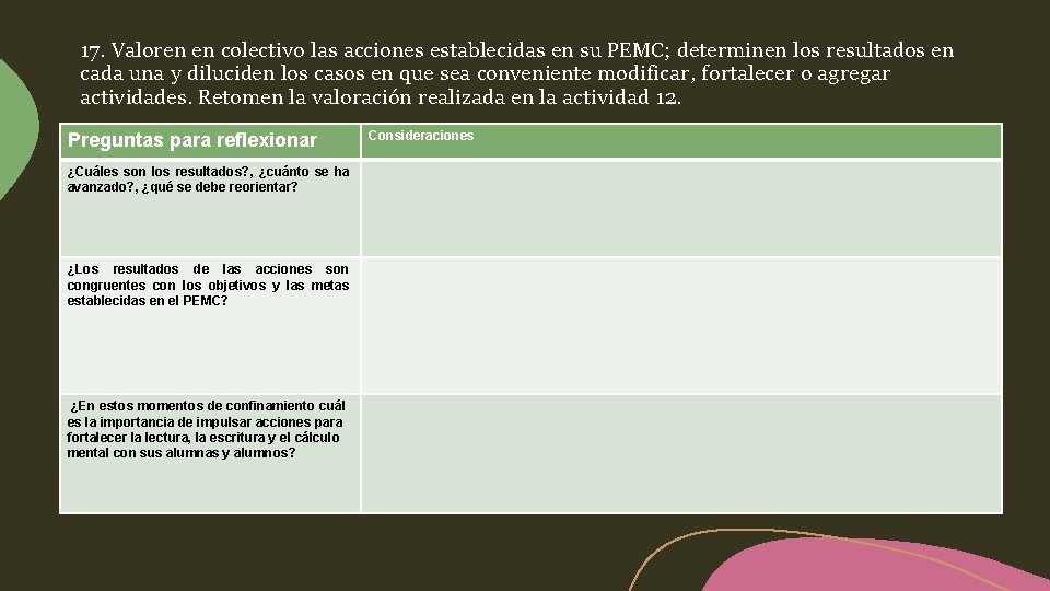 17. Valoren en colectivo las acciones establecidas en su PEMC; determinen los resultados en