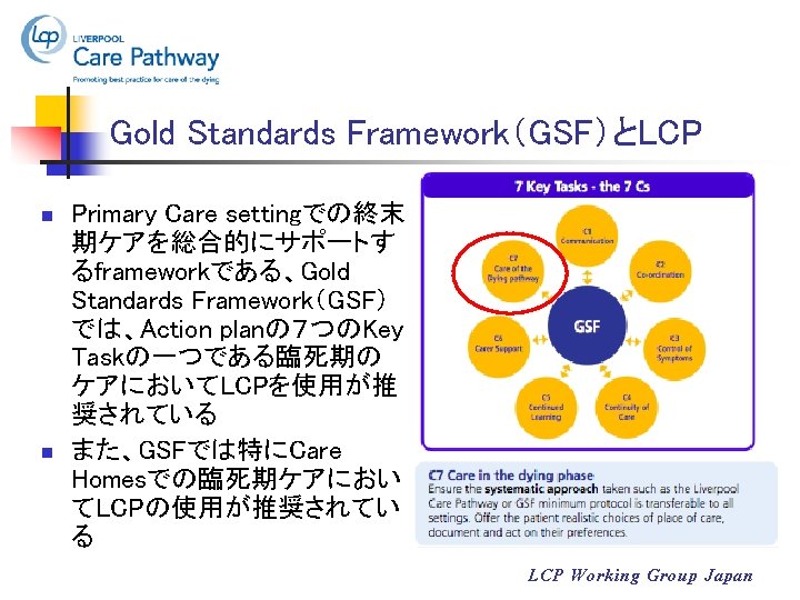 Gold Standards Framework（GSF）とLCP n n Primary Care settingでの終末 期ケアを総合的にサポートす るframeworkである、Gold Standards Framework（GSF） では、Action planの７つのKey