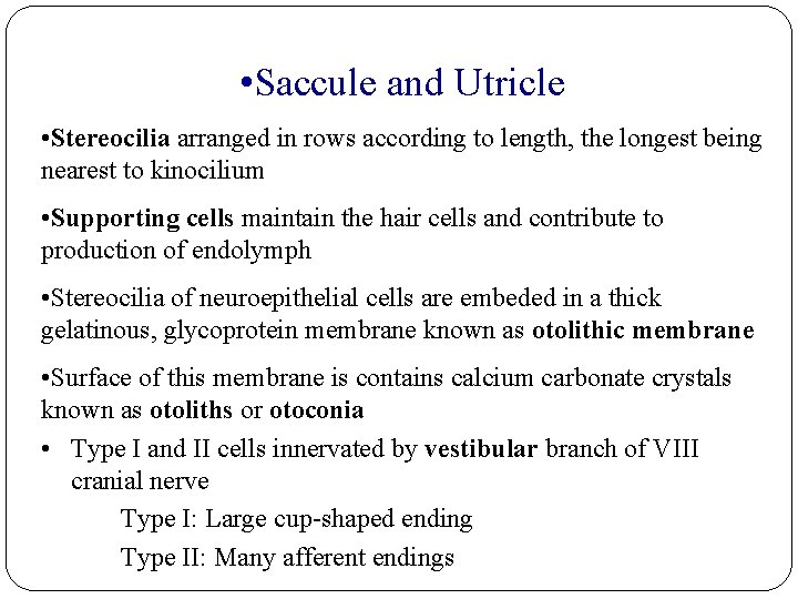  • Saccule and Utricle • Stereocilia arranged in rows according to length, the