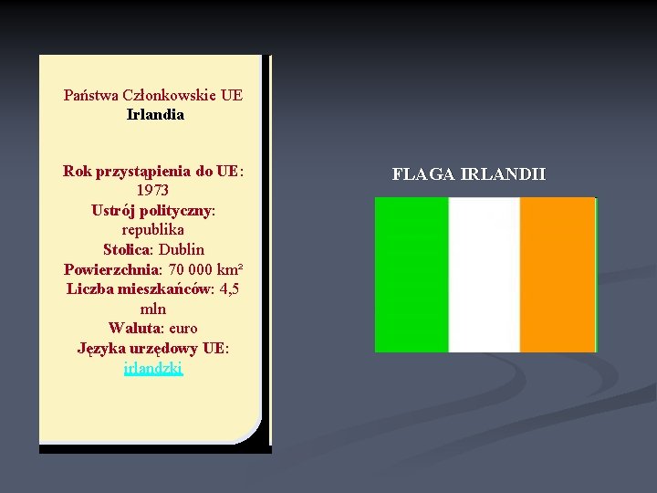 Państwa Członkowskie UE Irlandia Rok przystąpienia do UE: 1973 Ustrój polityczny: republika Stolica: Dublin
