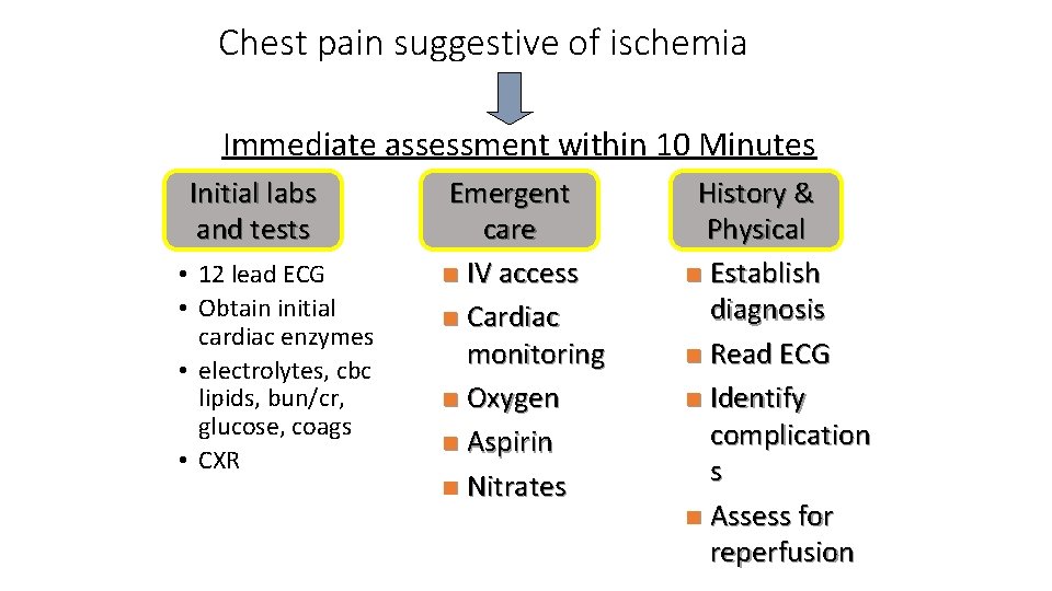 Chest pain suggestive of ischemia Immediate assessment within 10 Minutes Initial labs and tests