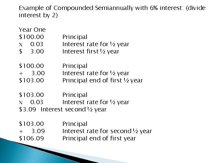 Example of Compounded Semiannually with 6% interest: (divide interest by 2) Year One $100.