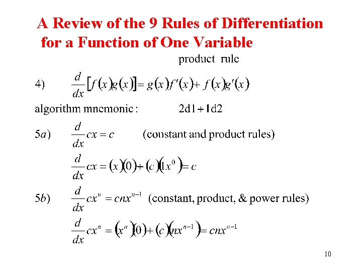 A Review of the 9 Rules of Differentiation for a Function of One Variable