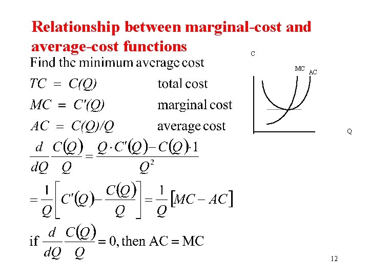 Relationship between marginal-cost and average-cost functions C MC AC Q 12 