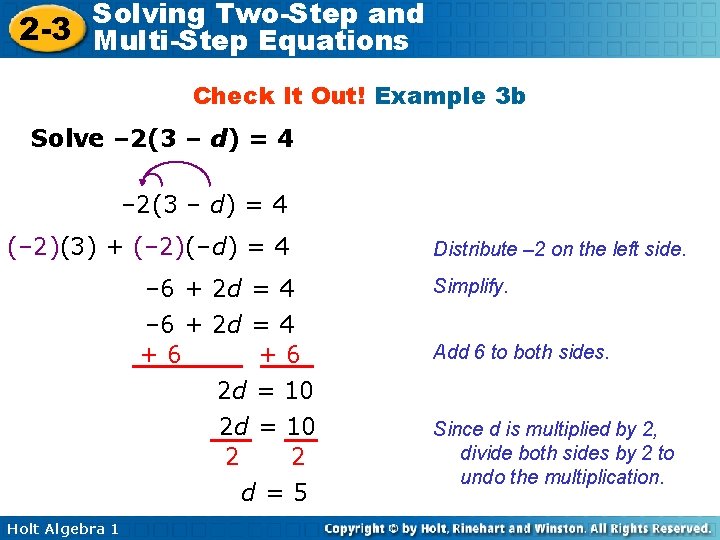 Solving Two-Step and 2 -3 Multi-Step Equations Check It Out! Example 3 b Solve