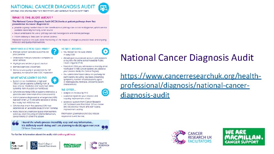 National Cancer Diagnosis Audit https: //www. cancerresearchuk. org/healthprofessional/diagnosis/national-cancerdiagnosis-audit 