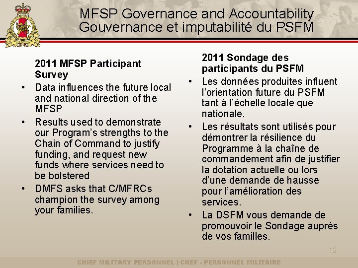 MFSP Governance and Accountability Gouvernance et imputabilité du PSFM 2011 MFSP Participant Survey •