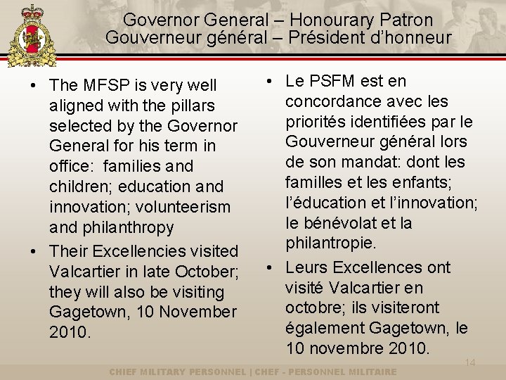 Governor General – Honourary Patron Gouverneur général – Président d’honneur • The MFSP is