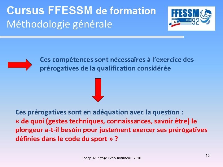 Cursus FFESSM de formation Méthodologie générale Ces compétences sont nécessaires à l’exercice des prérogatives