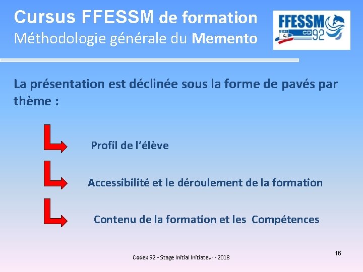 Cursus FFESSM de formation Méthodologie générale du Memento La présentation est déclinée sous la