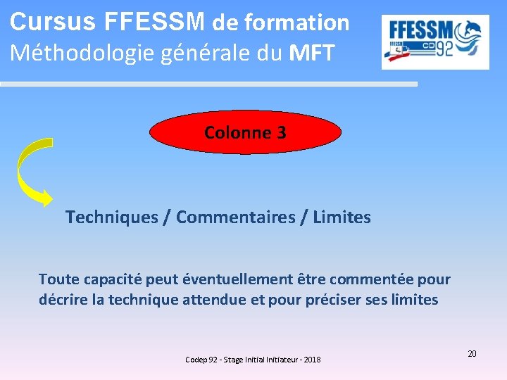 Cursus FFESSM de formation Méthodologie générale du MFT Colonne 3 Techniques / Commentaires /