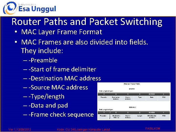 Router Paths and Packet Switching • MAC Layer Frame Format • MAC Frames are