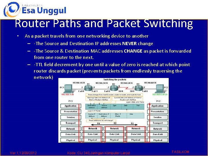 Router Paths and Packet Switching • As a packet travels from one networking device