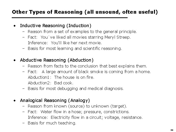 Other Types of Reasoning (all unsound, often useful) • Inductive Reasoning (Induction) – Reason