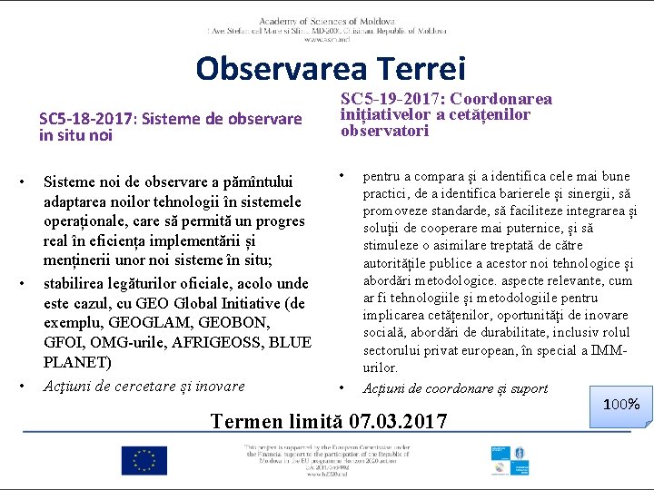 Observarea Terrei SC 5 -18 -2017: Sisteme de observare in situ noi • •