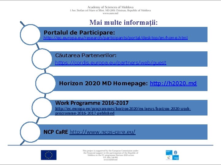 Mai multe informații: Portalul de Participare: http: //ec. europa. eu/research/participants/portal/desktop/en/home. html Căutarea Partenerilor: https: