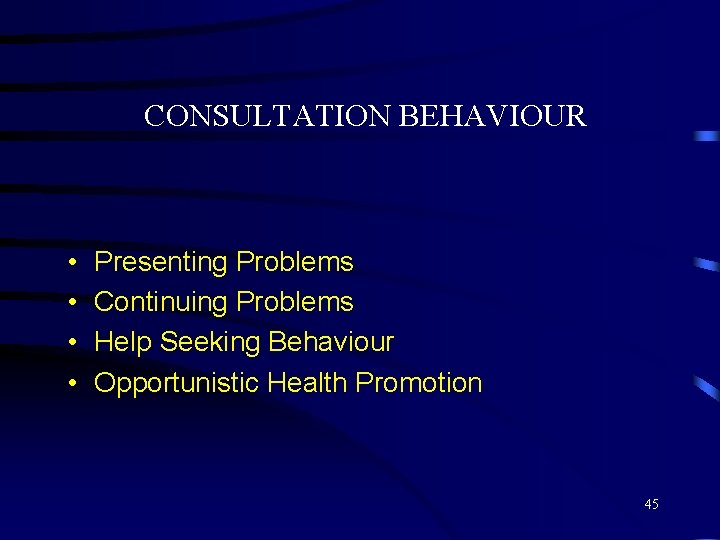 CONSULTATION BEHAVIOUR • • Presenting Problems Continuing Problems Help Seeking Behaviour Opportunistic Health Promotion