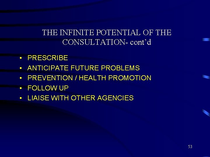 THE INFINITE POTENTIAL OF THE CONSULTATION- cont’d • • • PRESCRIBE ANTICIPATE FUTURE PROBLEMS