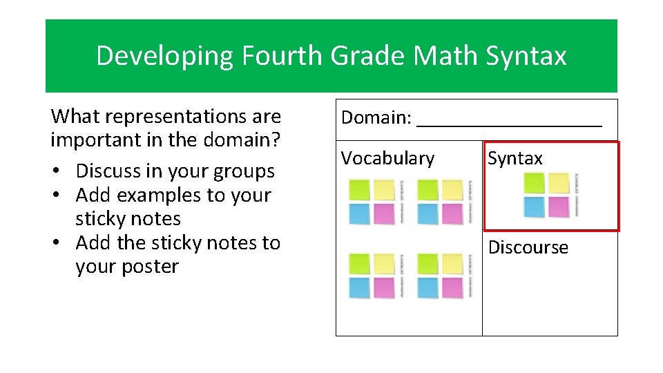 Developing Fourth Grade Math Syntax What representations are important in the domain? • Discuss