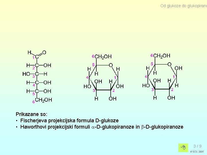 Od glukoze do glukopirano Prikazane so: • Fischerjeva projekcijska formula D-glukoze • Haworthovi projekcijski Od glukoze do glukopirano Prikazane so: • Fischerjeva projekcijska formula D-glukoze • Haworthovi projekcijski