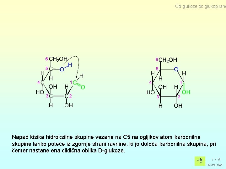 Od glukoze do glukopirano Napad kisika hidroksilne skupine vezane na C 5 na ogljikov Od glukoze do glukopirano Napad kisika hidroksilne skupine vezane na C 5 na ogljikov