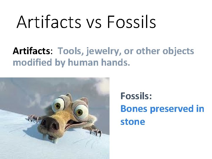 Artifacts vs Fossils Artifacts: Tools, jewelry, or other objects modified by human hands. Fossils: