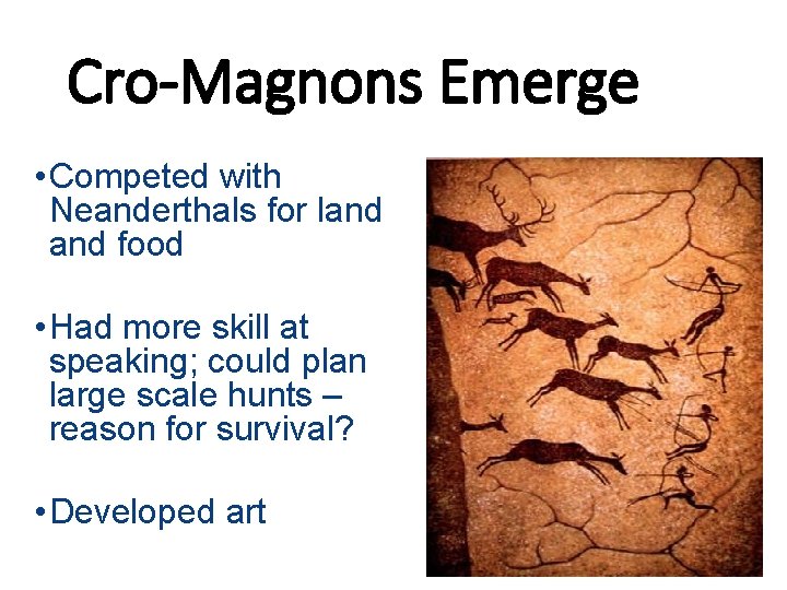 Cro-Magnons Emerge • Competed with Neanderthals for land food • Had more skill at