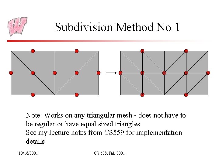 Subdivision Method No 1 Note: Works on any triangular mesh - does not have