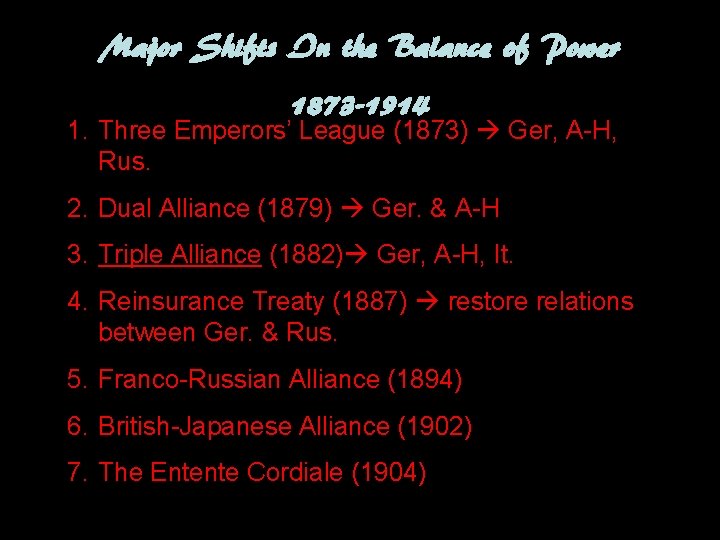 Major Shifts In the Balance of Power 1873 -1914 1. Three Emperors’ League (1873)