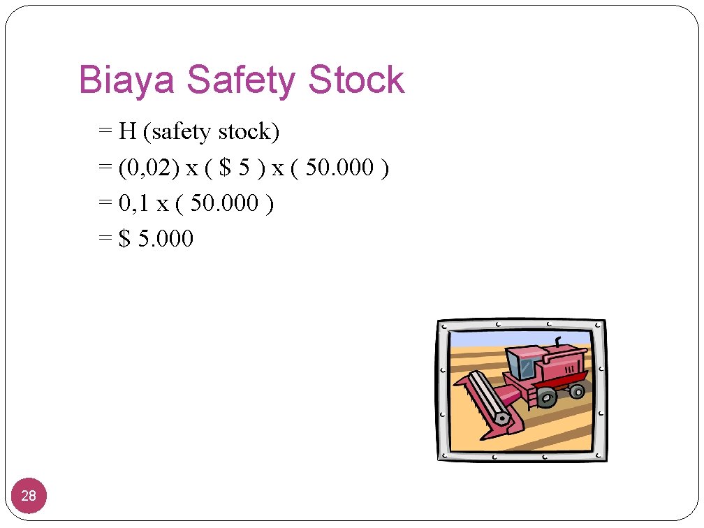 Biaya Safety Stock = H (safety stock) = (0, 02) x ( $ 5