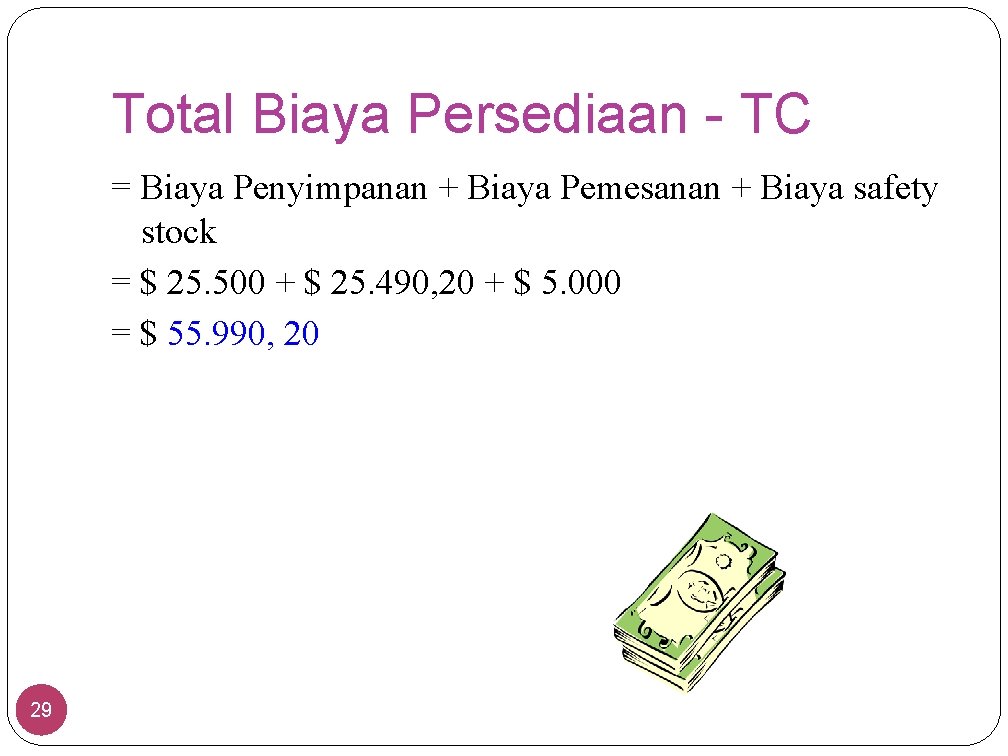 Total Biaya Persediaan - TC = Biaya Penyimpanan + Biaya Pemesanan + Biaya safety