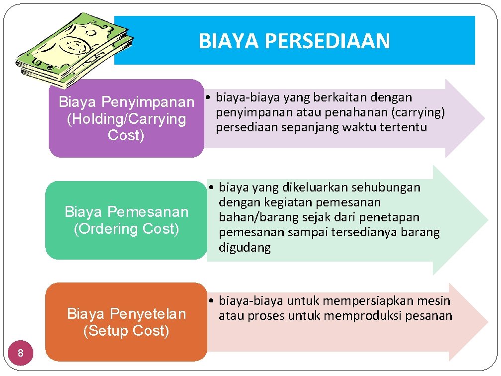 BIAYA PERSEDIAAN Biaya Penyimpanan • biaya-biaya yang berkaitan dengan penyimpanan atau penahanan (carrying) (Holding/Carrying