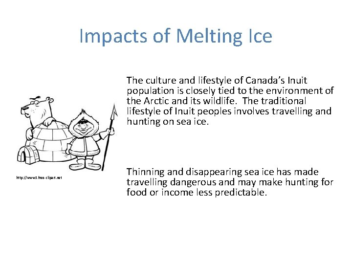 Impacts of Melting Ice The culture and lifestyle of Canada’s Inuit population is closely